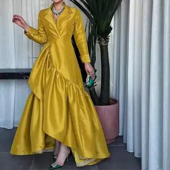 Желтые выпускные платья 2023 Оборки Асимметричные длинные рукава V-образным вырезом Arabia Платья для торжественных случаев Robes De Soirée Party Платье