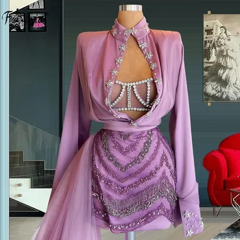 3 шт. Комплект Модное платье выпускного вечера с кристаллами из бисера с шлейфом Фиолетовая блузка с длинным рукавом Короткая юбка Роскошное коктейльное платье для вечеринки Халат