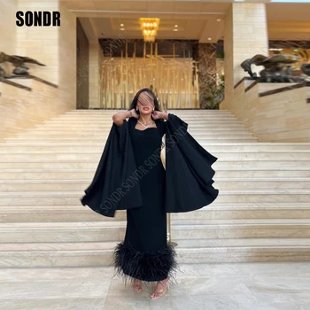 SONDR Черная куртка с перьями Рукава Длинные выпускные платья Саудовская Аравия На заказ Вечерние платья для вечеринок в Дубае Вечернее платье Vestidos