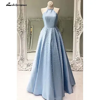 Голубое атласное длинное жемчужное выпускное платье для подростков вечернее платье vestido de festa платья женщина вечеринка ночь vestidos de gala