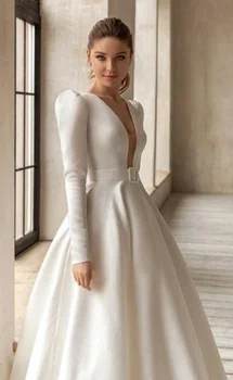 A-Line Атласные свадебные платья V-образным вырезом с длинными рукавами Халаты для официальной вечеринки 2024 Vestidos De Novia 2023 Классические элегантные свадебные платья
