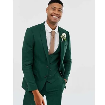 Темно-зеленые свадебные костюмы для мужчин Мода Вырез Лацкан Однобортный 3 шт. Формальные повседневные деловые наряды Жених Смокинг 3 шт