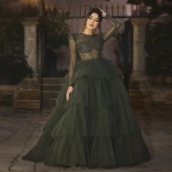 Арабское оливково-зеленое бальное платье Дубай Вечерние платья для женщин Длинные рукава Свадебная вечеринка Оборки Формальные выпускные платья с бисероплетением