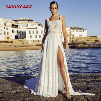 Элегантное кружевное платье в стиле бохо с квадратным воротником шифон свадебное платье для женщин аппликация А-образного силуэта Боковой разрез Пляжное платье невесты Vestidos De Novia