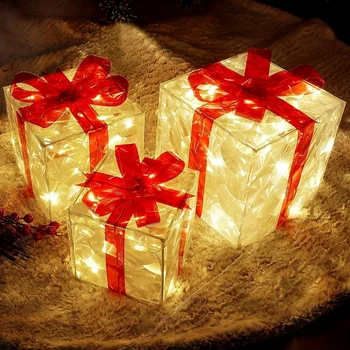  набор из 3 рождественских подарочных коробок со светодиодной подсветкой, прозрачных рождественских коробок с теплой белой подсветкой, подарочных коробок с красным бо