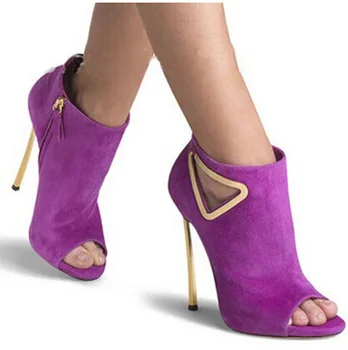 Фиолетовый замша металлический треугольник вырез на высоком каблуке ботильоны лодыжки лезвие тонкий каблук обувь с открытым носком и женщиной на молнии короткие пинетки