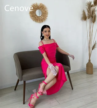 Cenove Rose Red с вырезом на плечах Выпускное платье с короткими рукавами и длиной до щиколотки Вечернее элегантное платье для вечерней вечеринки для женщин2023