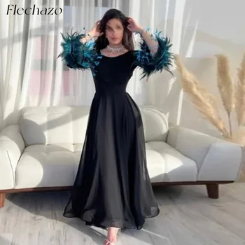 Flechazo Черные шифоновые вечерние платья Синие перья Сексуальное вечернее платье A-line с открытой спиной для женщин 2024 года