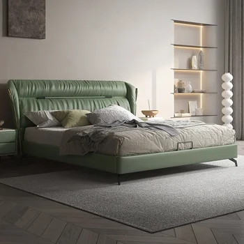Итальянская легкая роскошная кровать из воловьей кожи Главная спальня 1,8 м Двуспальная кровать 1,5 м Односпальная мягкая кожаная кровать