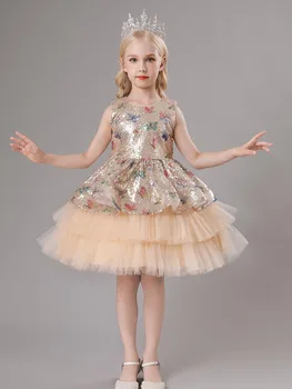 Симпатичные платья для девочек без рукавов с блестками и многоуровневым бантом Принцесса Особый случай Изготовленный на заказ костюм Детская одежда 2023