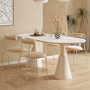 обеденный стол из каменных плит французского кремового стиля, маленькая квартира, домашний овал, чистая роскошь красного света, современный простой стиль ins-style
