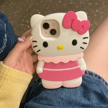 3D стереоскопический розовый Sanrio Hello Kitty Чехол для телефона IPhone 15 14 13 12 11 Pro Max 15 Pro Силиконовая мягкая задняя крышка с защитой от падения