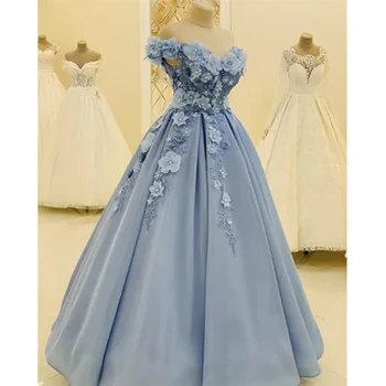 2022 Светло-голубые цветы Выпускные платья Платья с открытыми плечами без рукавов Длинные вечерние вечерние платья для вечеринок Халаты de soirée vestidos de fiesta