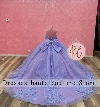 Сиреневая принцесса с открытыми плечами бальное платье quinceanera платье 2024 с аппликациями на день рождения выпускное платье для девочки бант на шнуровке сзади