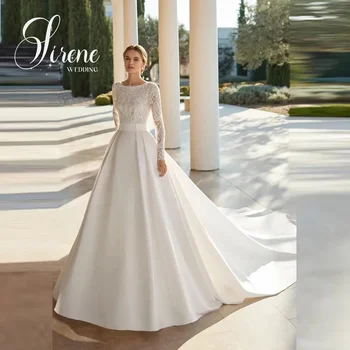 Sirene Кружева Аппликация Атласные свадебные платья А-силуэт с длинным рукавом и открытой спиной Драгоценные простые элегантные свадебные платья 2024 Vestidos De Novia