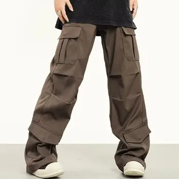 Модные повседневные прямые штанины на улице с несколькими карманами тяжелый дизайн свободные брюки-карго мужские и женские брюки
