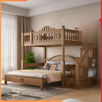 Детская кровать, расположенная в шахматном порядке верхняя и нижняя кровать, двухслойная кровать, многофункциональная высокая и низкая кровать из цельного дерева в шахматном порядке