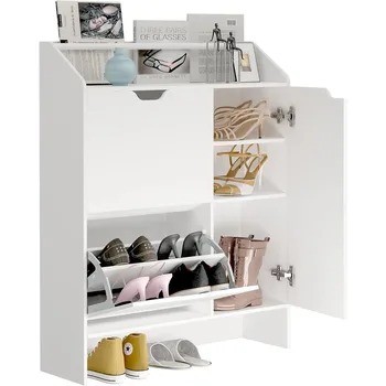 MYOYAY Шкафы для хранения обуви с верхним пространством и 2 откидными ящиками, белая современная полка для обуви с обивкой для родителей и детей