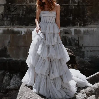 YEEH Свадебное платье с квадратным воротником Элегантные многоярусные оборки Свадебное платье Спагетти на бретелях Придворный поезд Vestido de Noiva для невесты