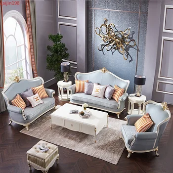 CJ Комбинированный диван в европейском стиле Гостиная Французская кожа Трехместный четырехместный диван Маленькая квартира Мебель из массива дерева