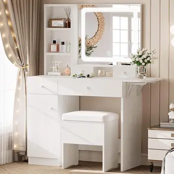 LIKIMIO Туалетный столик с выдвижными ящиками и зеркалом со светодиодной подсветкой, розеткой и шкафом, табурет для хранения, стильный набор столов для макияжа в спальне,