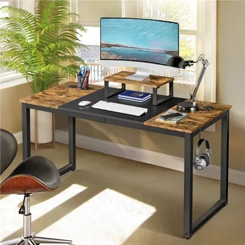 Промышленный компьютерный стол с подставкой для монитора, деревенский коричневый/черный