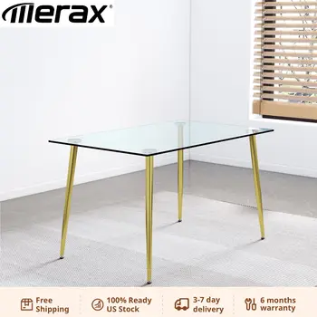 Современный минималистичный прямоугольный стеклянный обеденный стол со столешницей из закаленного стекла 0,31 дюйма и металлическими ножками с золотым покрытием