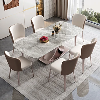Сланцевый обеденный стол светлый и роскошный, современный и простой прямоугольный, а новая гостиная - простой обеденный стол