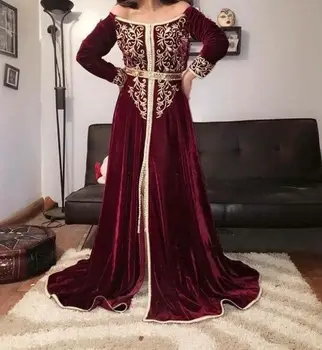 Бордовый Марокканский Кафтан Мусульманские вечерние платья А-силуэт Длинные рукава Бархат Дубай Арабский Турция Кафтан Абая Исламское платье