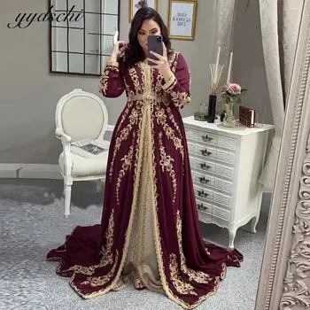 2023 Бордовый с длинными рукавами Марокканский кафтан Вечернее платье Элегантные женщины Формальное платье для вечеринок Аппликация Халаты De Soirée Выпускной