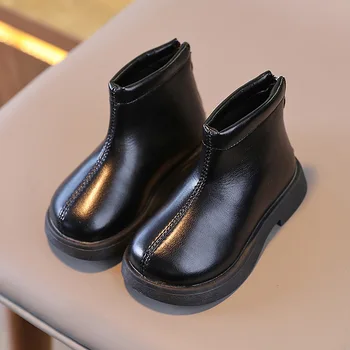 Модные зимние хлопковые сапоги для девочек Матовые кожаные сапоги на платформе Черный Универсальный Малыш Круглый Носок Детские Мальчики Повседневные Ботильоны