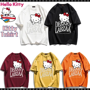 Hello Kitty Футболка Модные женские летние топы с коротким рукавом Мультяшная девушка Мягкая свободная футболка Женская повседневная
