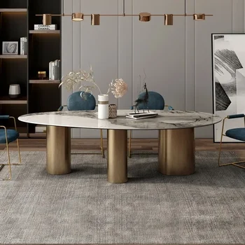Итальянская яркая комбинация обеденного стола и стула из овального сланца для большой семьи Современный минималистичный светлый роскошный кухонный стол на вилле