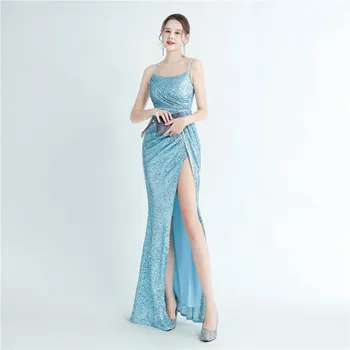 Новый глубокий V-образный вырез высокой плотности плиссированная подтяжка с боковым разрезом с пайетками длинная вечернее платье сексуальное платье облегающее платье для женщин vestidos