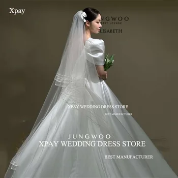 XPAY Одно плечо Корея Свадебные платья Короткие пышные рукава Складки Атласное бальное платье Корсет Спинка Фотография Свадебное платье на заказ