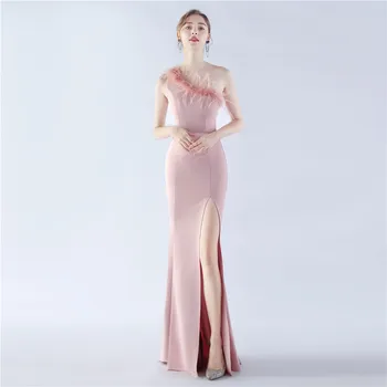 Новая атласная поделка страусиное перо ужин выставка Свадебное вечернее платье Винтажное платье Сексуальное облегающее платье Длинные платья для женщин