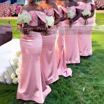 Цветочные аппликации Бусины Подружка невесты с открытыми плечами Длинная русалка Розовый чехол Фрейлина Свадебное платье для женщин