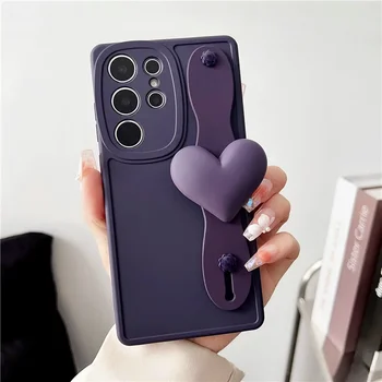 Роскошный 3D Love Heart Фиолетовый ремешок на запястье Чехол для телефона для Samsung S23 Ultra S22 S21 S20 FE A54 14 24 34 53 M14 M54 34 F54