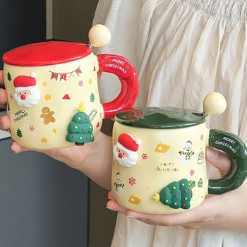 Прекрасная рождественская кофейная кружка с крышкой и ложкой Керамические кофейные чашки Милые рождественские чашки для воды Летняя зимняя посуда для подарков