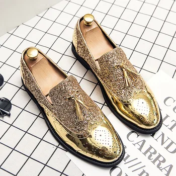 Новые Мужские Золотые Блестящие Лоферы Кожаные Роскошный Итальянский Дизайн Классический Свадебный Формальный Обувь Офис Деловая Обувь Для Мужчин