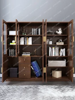 Новый книжный шкаф из массива дерева в китайском стиле Минималистичный книжный шкаф из орехового дерева с дверной настенной книжной полкой