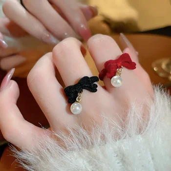  Осень зима Жемчужный кулон Флокированный бант Узел Регулируемые кольца для женщин Французские простые ювелирные изделия