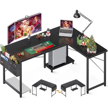 50-дюймовый компьютерный стол с сумкой для хранения Комнатные столы L-образный стол Черный угловой стол для спальни Студия Чтение Игры Геймер Исследование