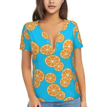 Апельсины Ломтики Футболки Синие фрукты Глубокий V-образный вырез Уличная футболка оверсайз Женская футболка с коротким рукавом Harajuku Сексуальные футболки