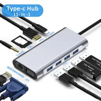 11 в 1 Концентратор Type-c Док-станция Док-станция USB-c-HDMI-совместимая 100-мегапиксельная сетевая карта VGA PD Концентратор USB3.0