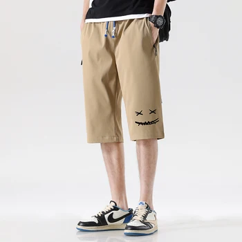 Корейская мода Мужские шорты со смайликом и принтом Techwear Брюки 2023 Летние повседневные ледяные шелковые бермуды Masculina Мужские уличные шорты