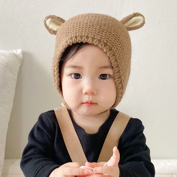  вязаная крючком детская шапочка в корейском стиле весна осень теплый чепот регулируемые шапки для защиты ушей для новорожденных шапочка для новорожденных для 3-24 м