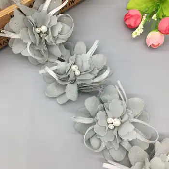 1 ярд серый шифон 3D цветы жемчуг кружева отделка ручной работы горный хрусталь отделка свадебное запястье цветочное платье одежда шитье ремесла