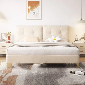 Queen Nordic Двуспальная кровать Изголовье кровати Кожа Белое дерево Полноразмерная рама кровати Современная платформа Сейф Camas de Casal Домашняя мебель