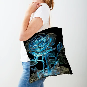 холст мультяшный завод шоппер сумки цветы голубая роза повседневная женская сумка для покупок двойная печать тоут девушка цветочные дорожные сумки